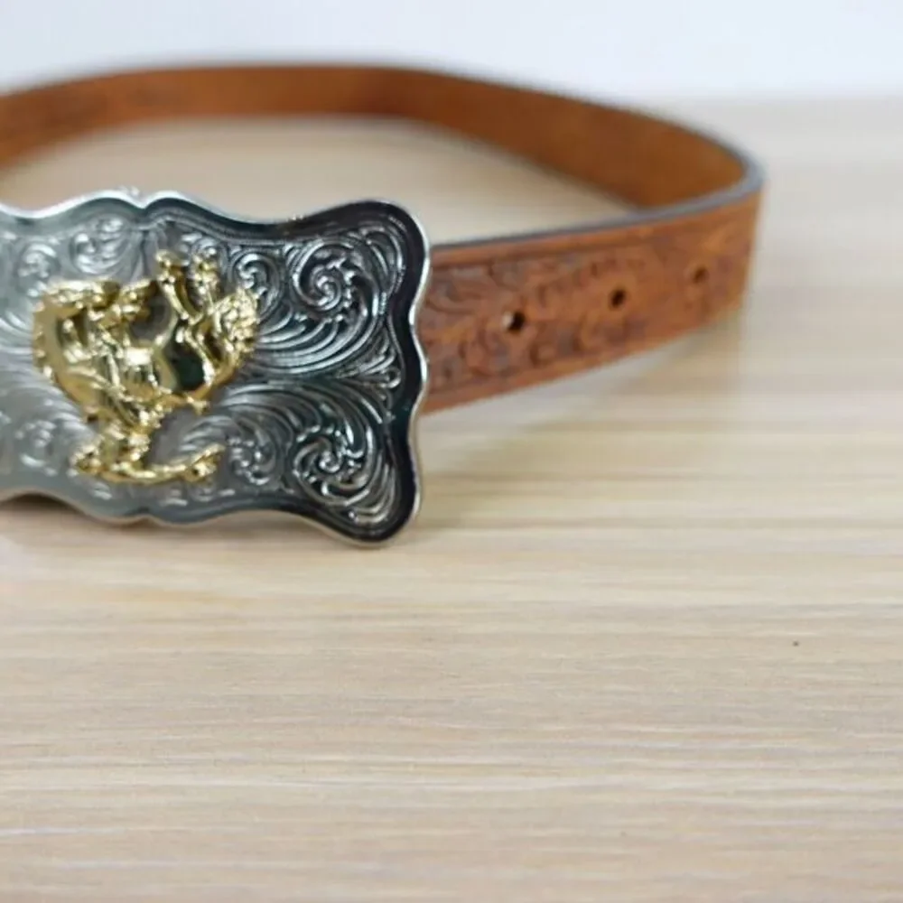 Western Top Grain Leather Belt‎ XS 28 JUSTIN Brown Tooled Rodeo Cowboy Buckle